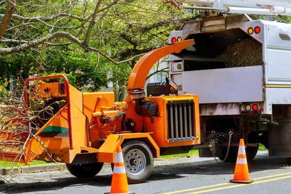 A wood chipper connected to a truck, processing branches on a street.