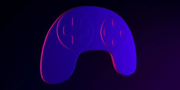 3D abstract purple game controller with neon pink accents on dark background.