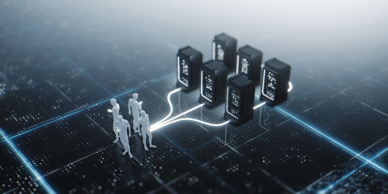 Digital figures connecting to multiple servers with glowing lines.