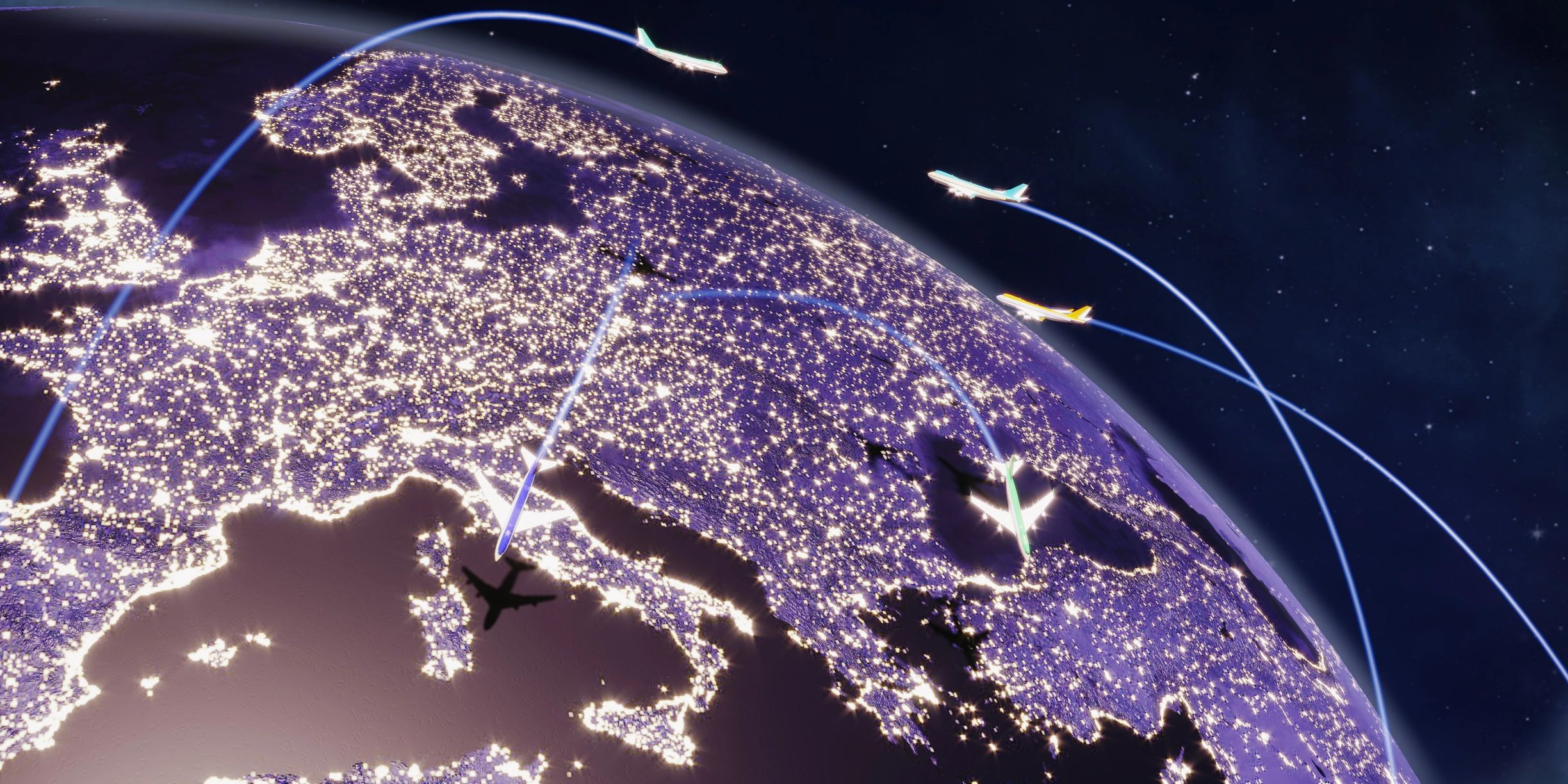 Airplanes flying over illuminated Europe at night with flight paths.