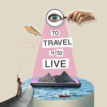 A surreal collage with travel quote, mountains, ocean, and magnifying glass eye.