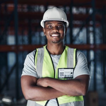 Confident construction worker wearing a white helmet and safety vest with arms crossed.