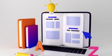 3D illustration of digital learning with books, laptop, and stationery.