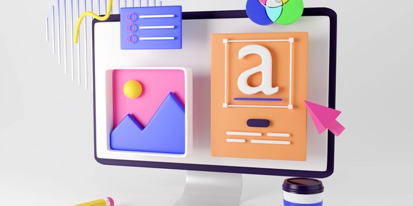 3D illustration of graphic design tools on a desktop computer screen with creative elements around.