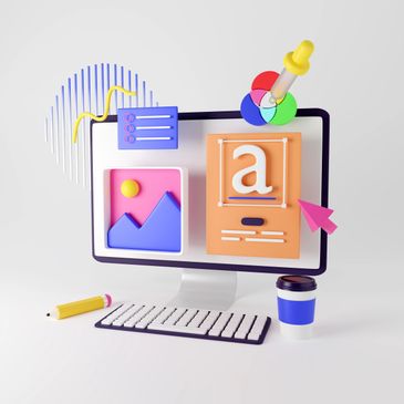 3D illustration of graphic design tools on a desktop computer screen with creative elements around.