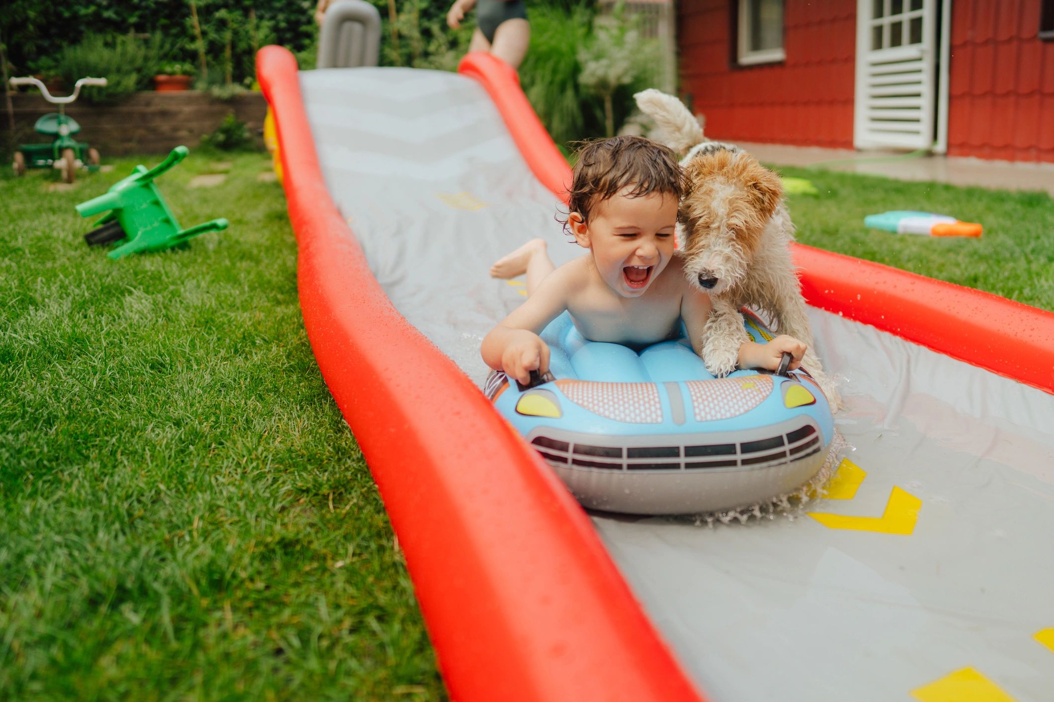 Giant water slide in a backyard