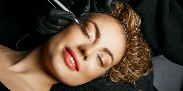 A woman receiving permanent eyeliner tattooing with closed eyes.