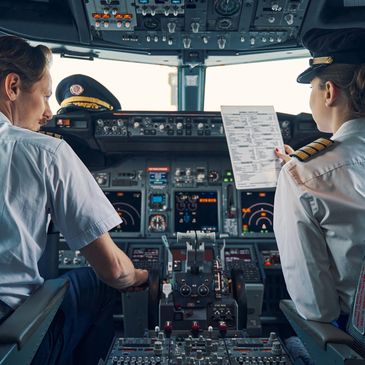 Two pilots reviewing flight documents inside an airplane cockpit.