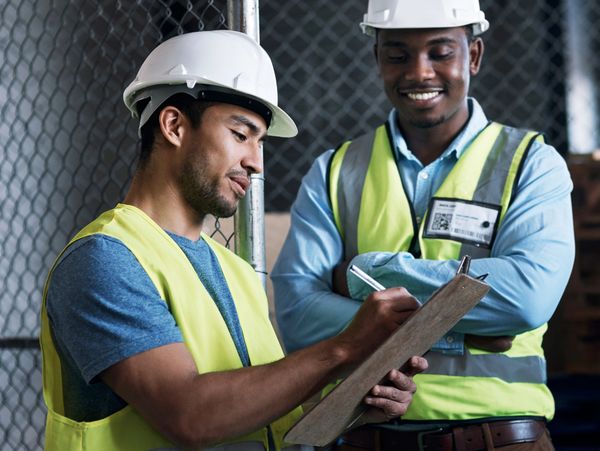 Two construction workers in safety gear discussing work with a clipboard.