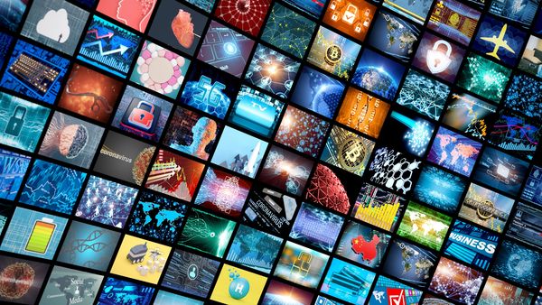 A collage of digital and technological themed images arranged in a grid.