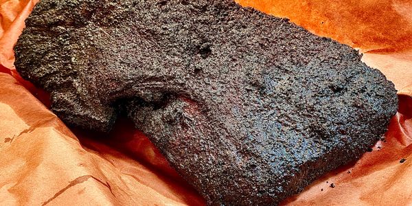 Close-up of a dark, textured rock on orange surface.