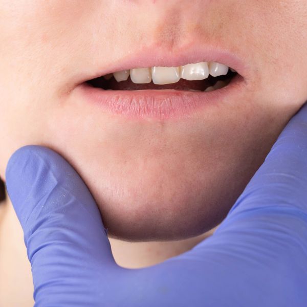 Hand in purple glove touching a person's chin and jaw.