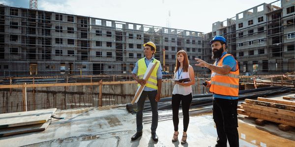 Three construction professionals discuss plans at a building site under development.