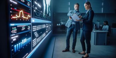 Two business professionals analyzing data on large digital screens in an office.