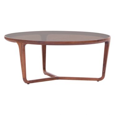 Modern wooden round coffee table with a glass top.