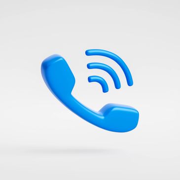 Blue phone handset icon with signal waves on white background.