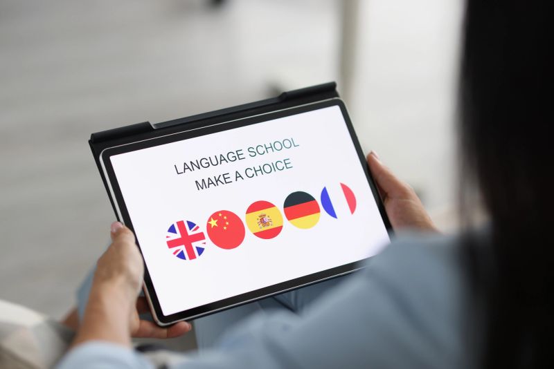Woman holds tablet and chooses a foreign language to study. Apps for gadget language learning concept