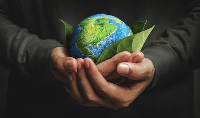 Hands gently holding a small Earth wrapped in green leaves.