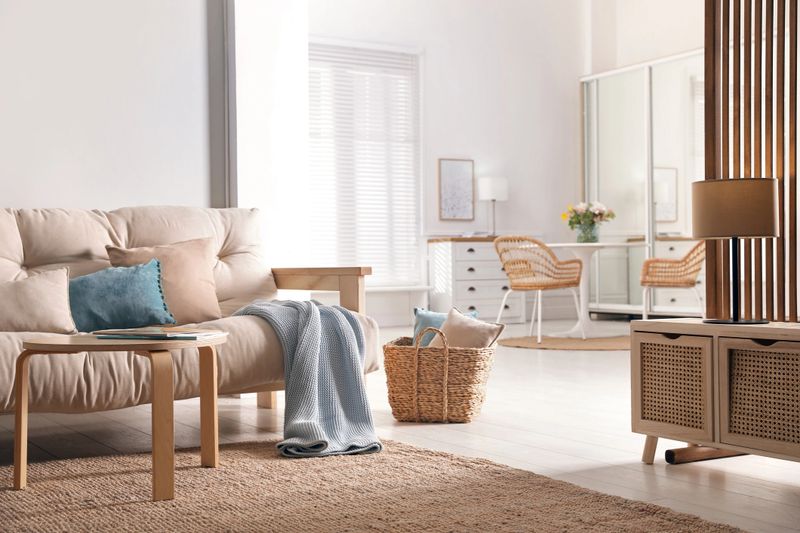 Spacious apartment interior with console table and comfortable sofa