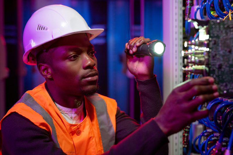 Serious young African-American server repairman in hardhat using flashlight while checking server rack