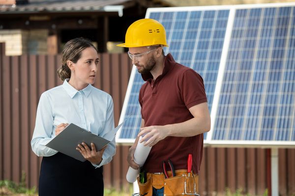 Engineer and client discussing solar panel installation outdoors.