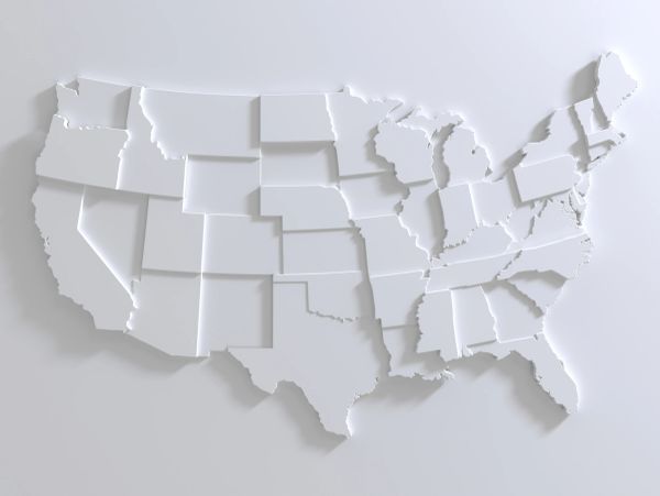 3D white relief map of the USA states.