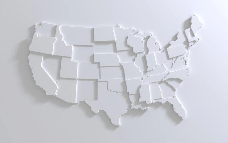 United States Of America map on white background. Tiered 3d render of empty USA territory. Country poster for travel materials, print, banner and web. Geographic area levels visualization.