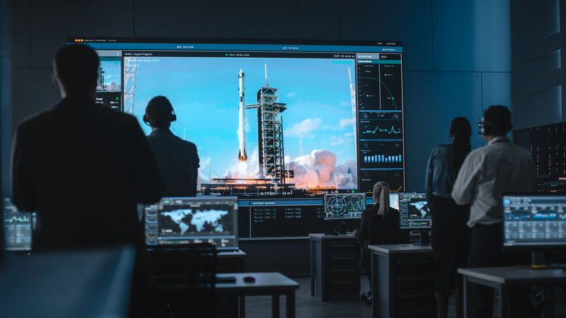 Group of People in Mission Control Center Witness Successful Space Rocket Launch. Flight Control Employees Sit in Front Computer Displays and Monitor the Crewed Mission. Team Stand Up and Clap Hands.
