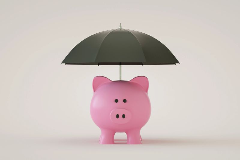 3D rendering of Piggy Bank with Umbrella. Financial Insurance, Protection. Minimalism. Copy space.