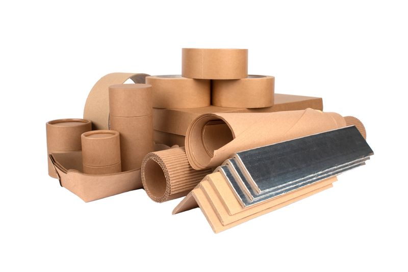 Paper packaging: cardboard edge protectors with alu paper, cardboard boxes, rolls of paper, paper tubes, packaging scotch tape, sheets of cardboard isolated. Sustainable packaging concept