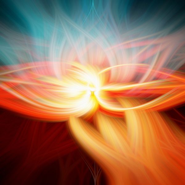 Abstract swirl of vibrant light in orange and blue hues.