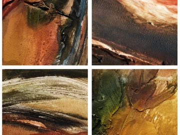 Close-up abstract paintings with earthy tones and textures.