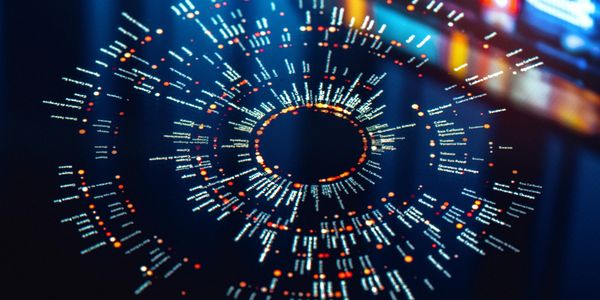 Futuristic circular data visualization with glowing dots and lines on dark background.