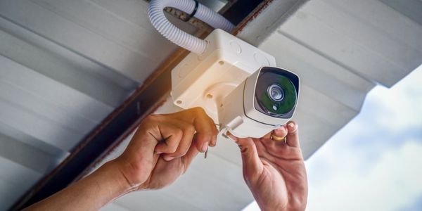 Technician installing a security camera on a ceiling.