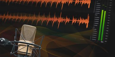 A microphone with sound waves and a db meter. Voice recording and direction coached to pro sound.