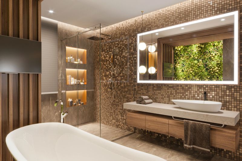 Luxury apartment bathroom interior. Bathtub, TV screen, shower, sink, big mirror with LED light, towels and pastel colored tiles. Template for copy space. Render.