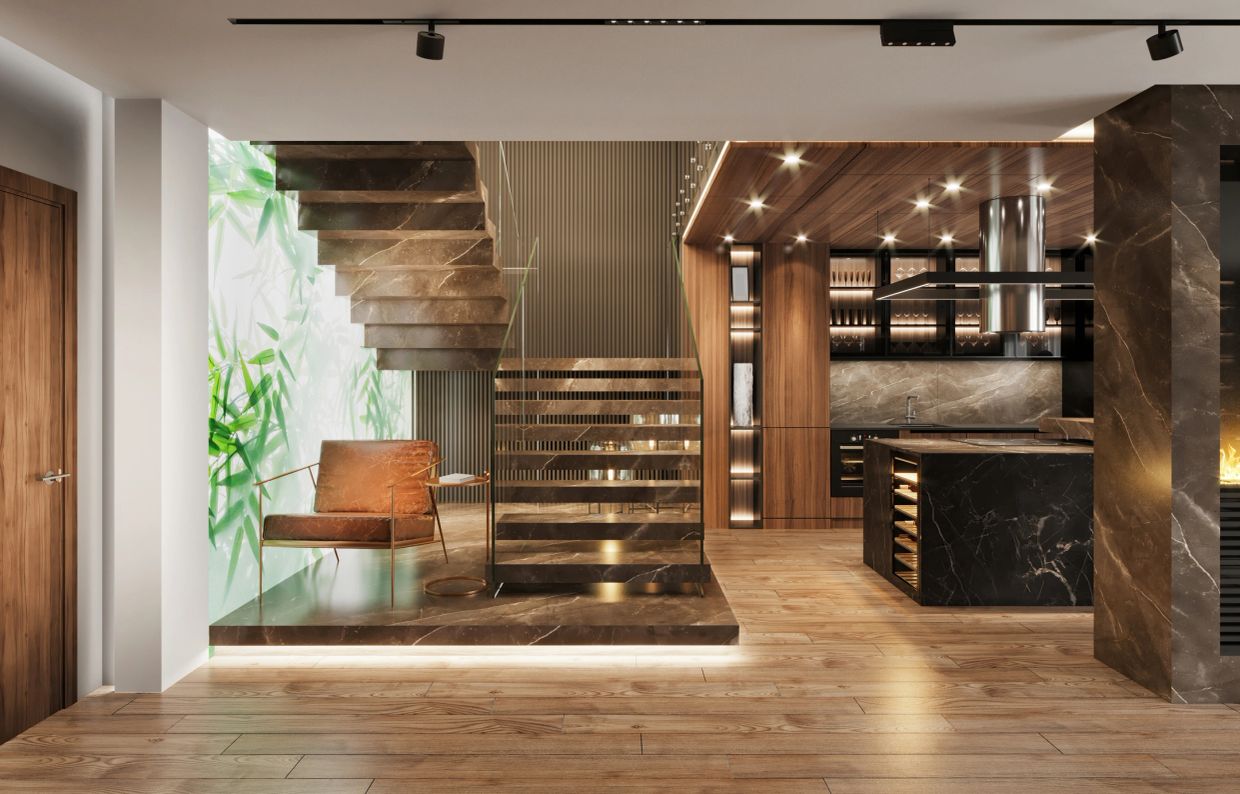 Modern staircase and kitchen with wood and marble accents.