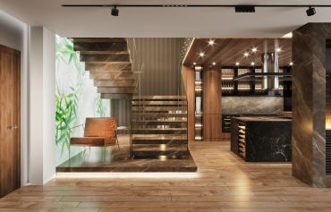 Modern interior with marble staircase and wooden flooring.