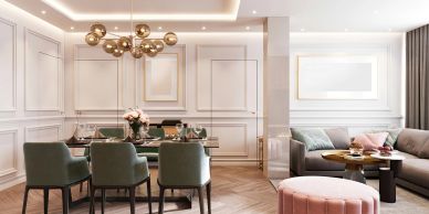 Modern dining and living room with elegant decor.