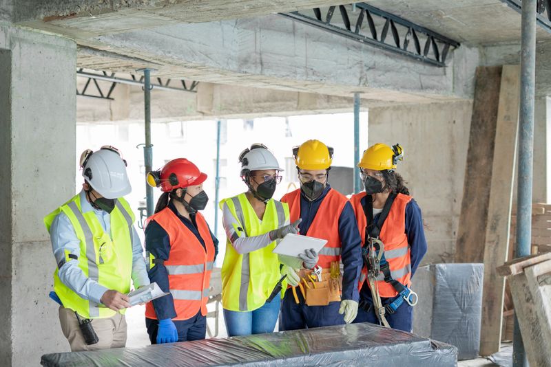 Work group of a construction made up of two engineers, two managers of the workers are meeting reviewing the plans of the work that the engineer shows through a tablet, all dressed in protective helmets, reflective vests, and face masks.