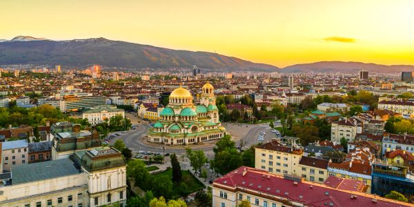 Sunset view over Sofia, Bulgaria with Alexander Nevsky Cathedral.