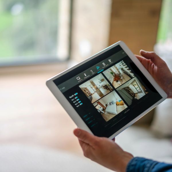 Persona usando una tablet para monitorear cámaras de seguridad.