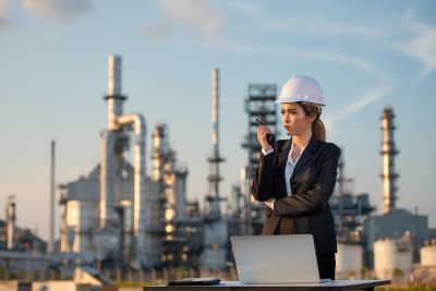 Female engineer using a walkie-talkie at an industrial site.