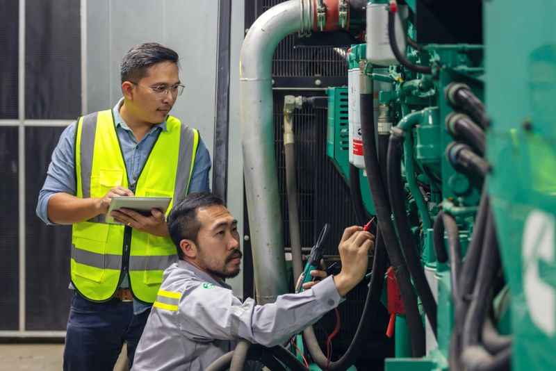 Two technical workers with tablets working in an industry factory's control room plant, checking with technical in a power plant, business and industry concept.