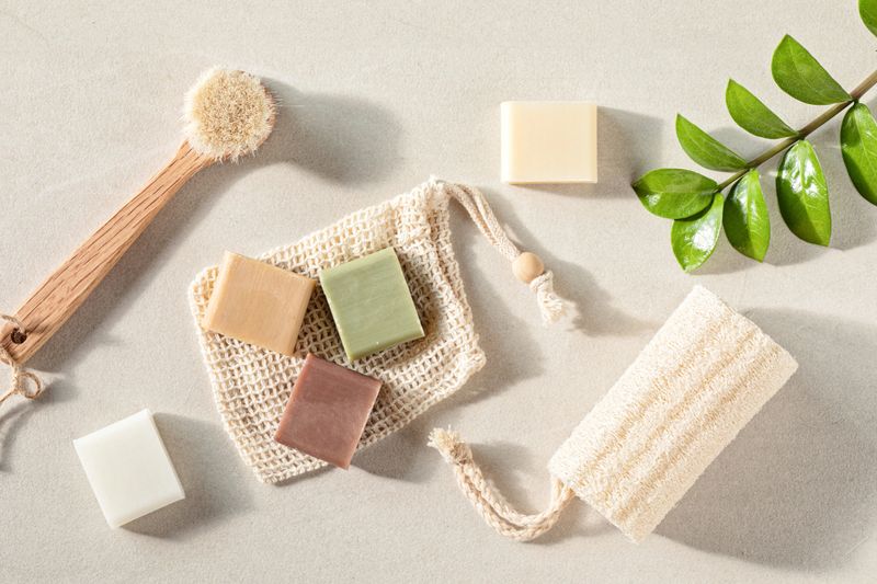 Handmade natural bar soaps. Ethical, sustainable zero waste lifestyle. DIY, hobby, artisan small business idea. Top view, mockup