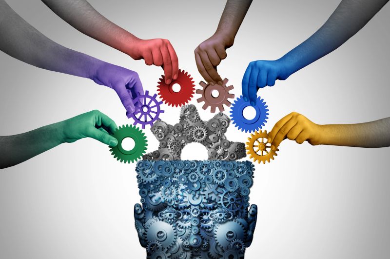 Team training and business learning as a teamwork brainstorm concept or brainstorming idea with 3D illustration elements.