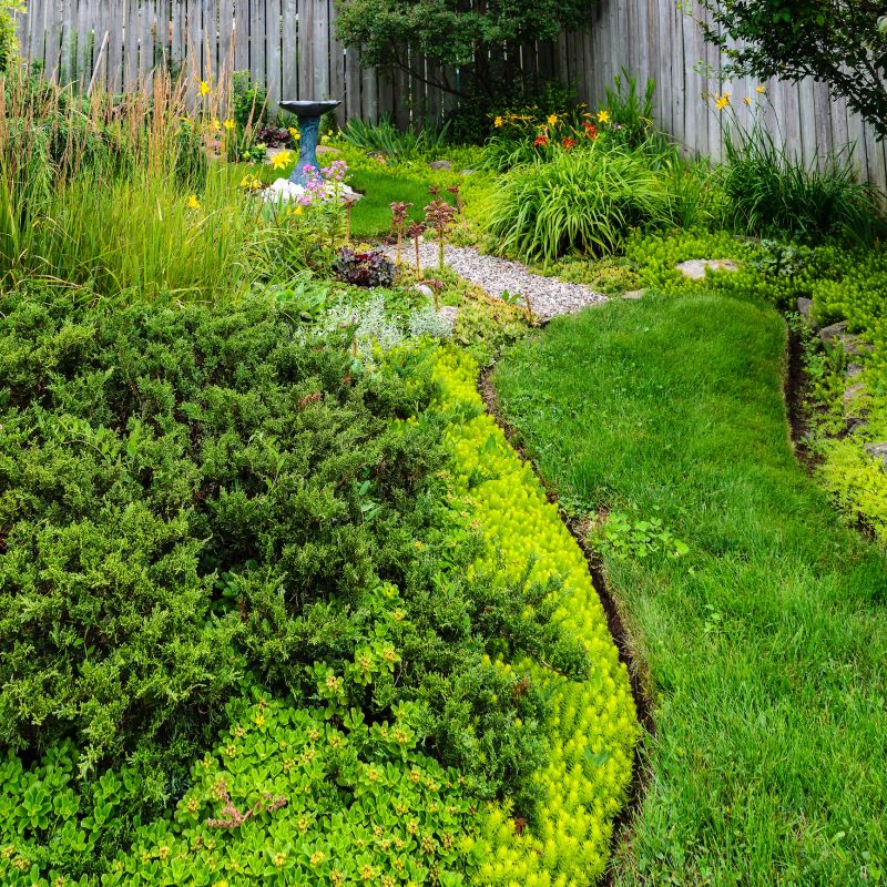 Manicured residential formal garden and lawn with a birdbath and fence in the background