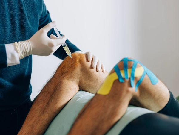 Medical professional injecting a patient's knee with a syringe.