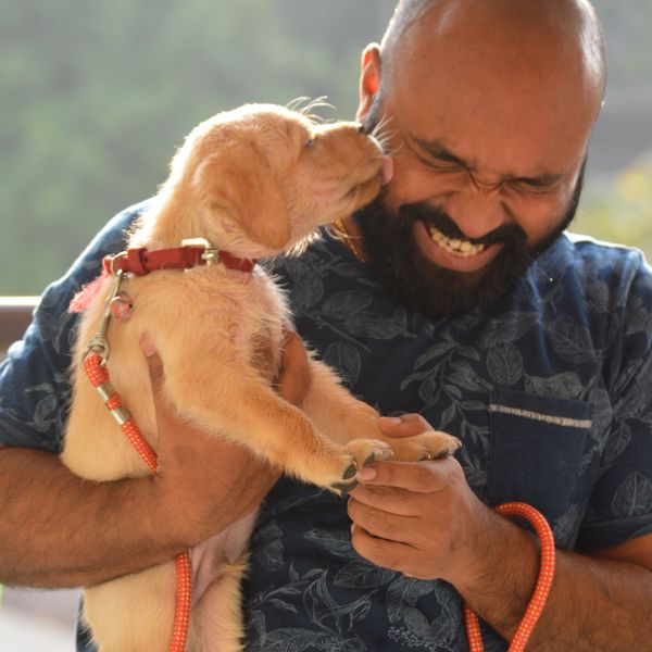 A puppy lovingly licks a man's face, bringing joy.