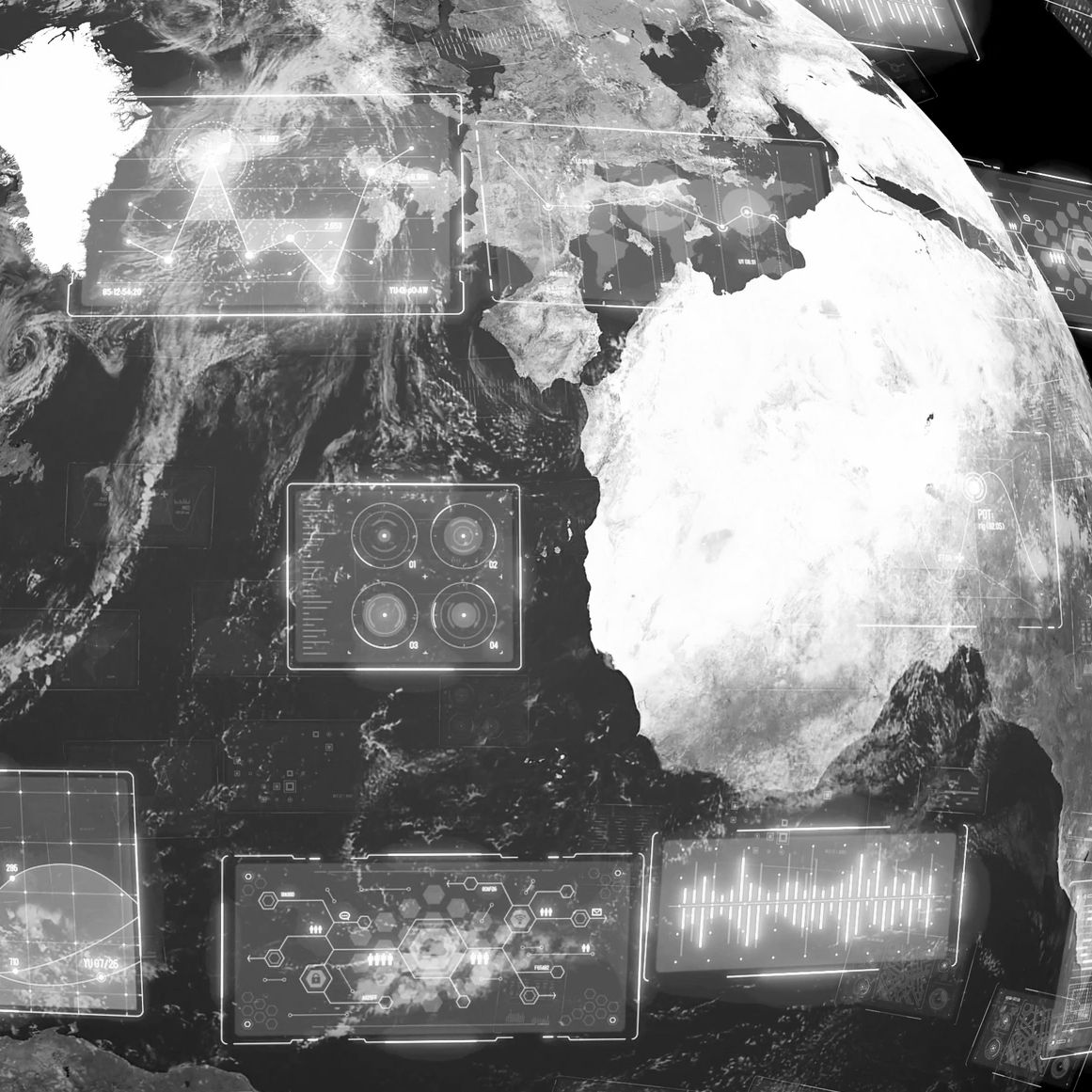 Digital data interfaces surround Earth, symbolizing global technology and connectivity.